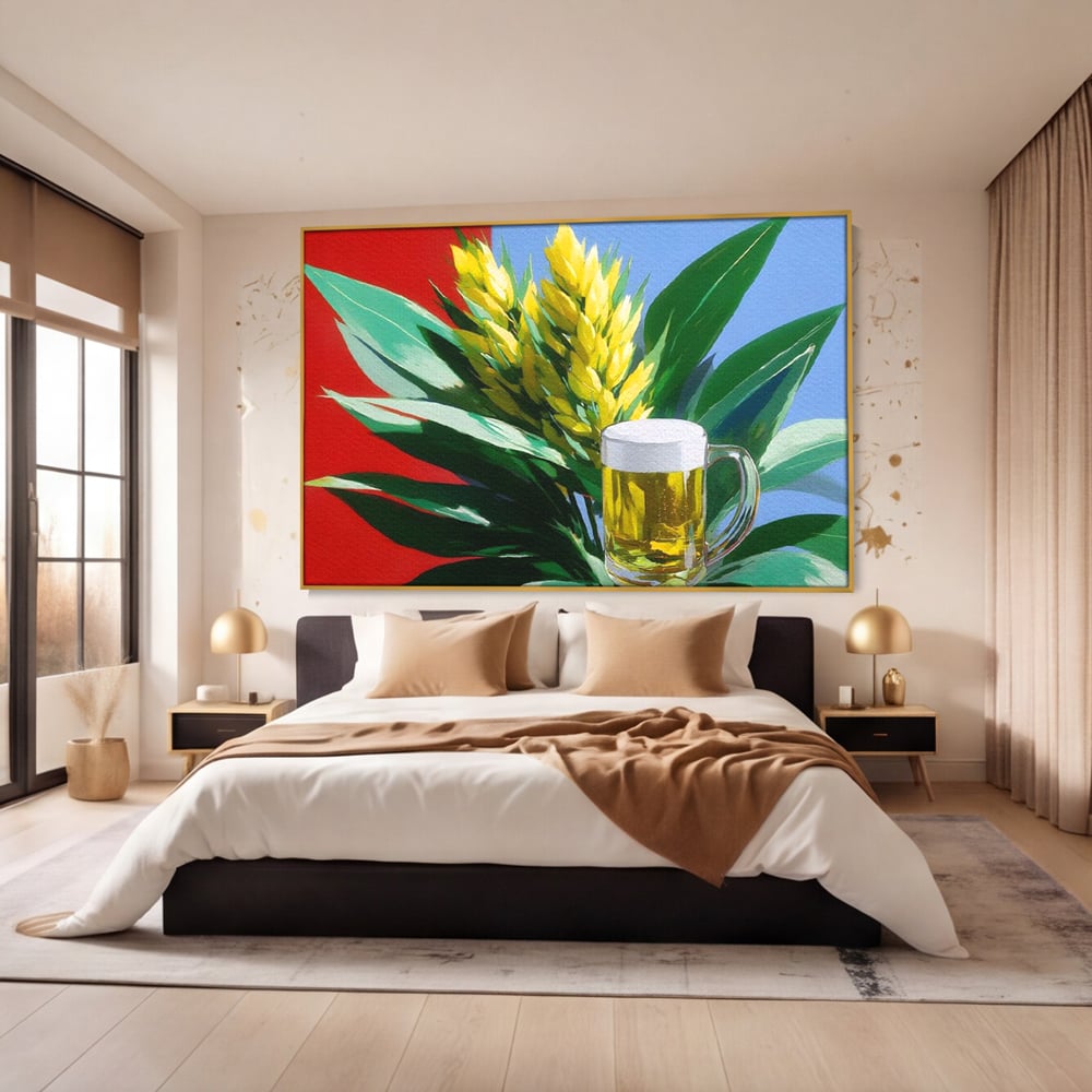 Tablou canvas cu tablou canvas cu halba de bere si frunze tropicale, in rama de aluminiu auriu, pe perete intr-un dormitor
